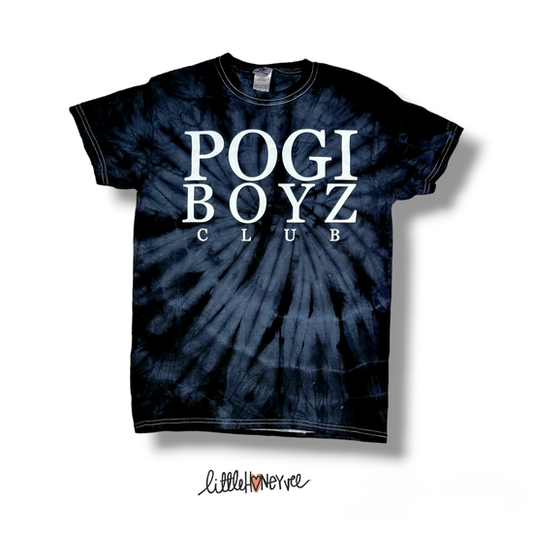 Tie-dye t-shirt with 'POGI BOYZ CLUB' text on a white background