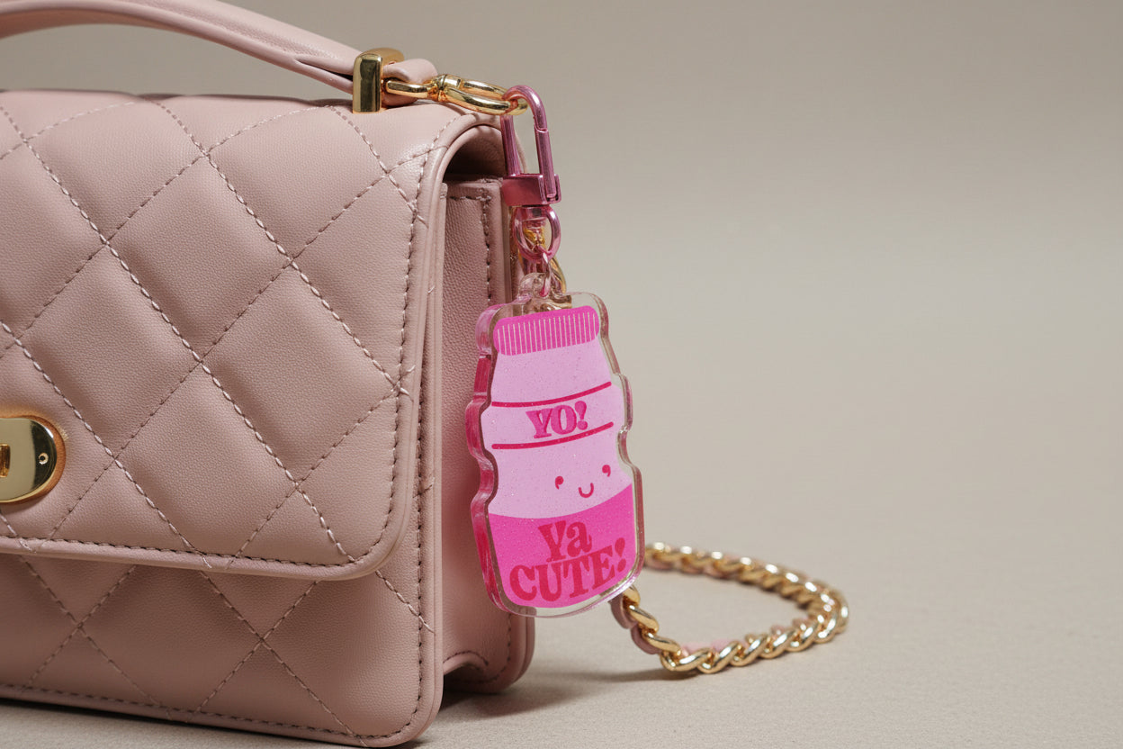 cute keychain in the shape of a pink yukilt bottle with words "yo! Ya cute" on it