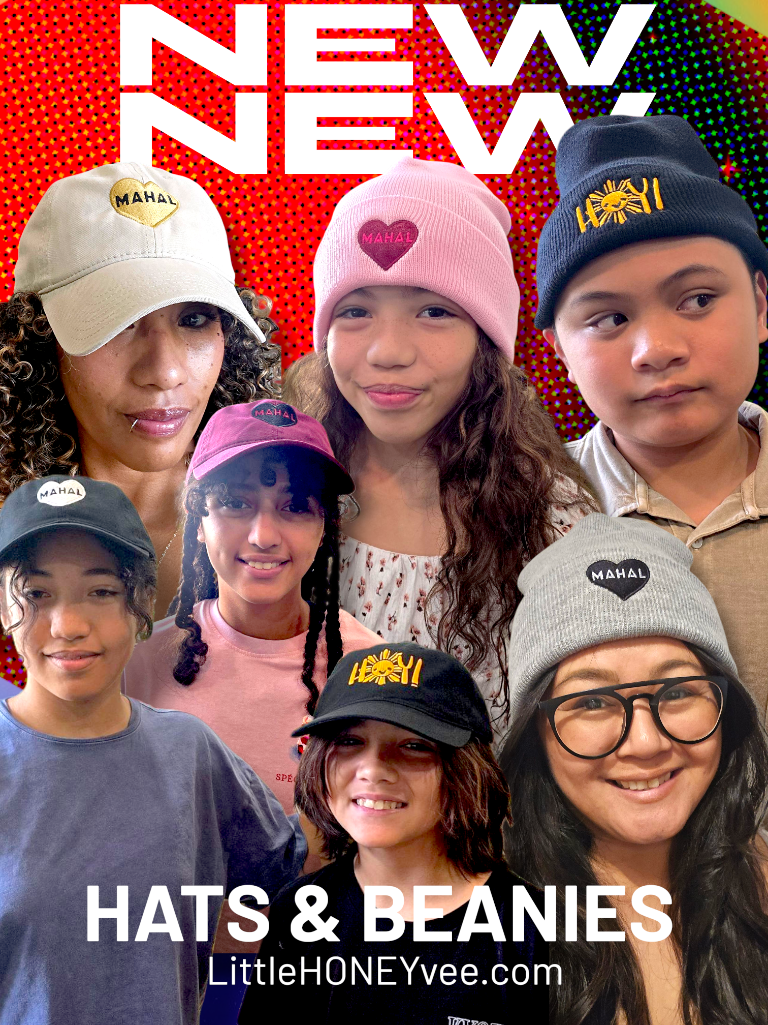 Group of people wearing various hats and beanies with a promotional text overlay for 'Hats & Beanies' from LittleHONEYvee.com.