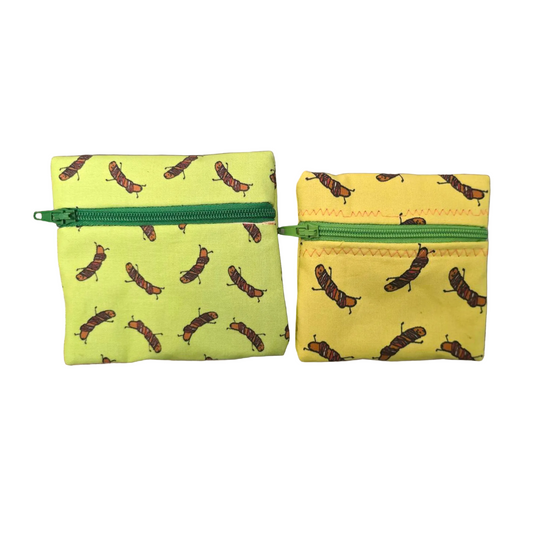 two coin pouchoes with bacon wrapped hotdog pattern