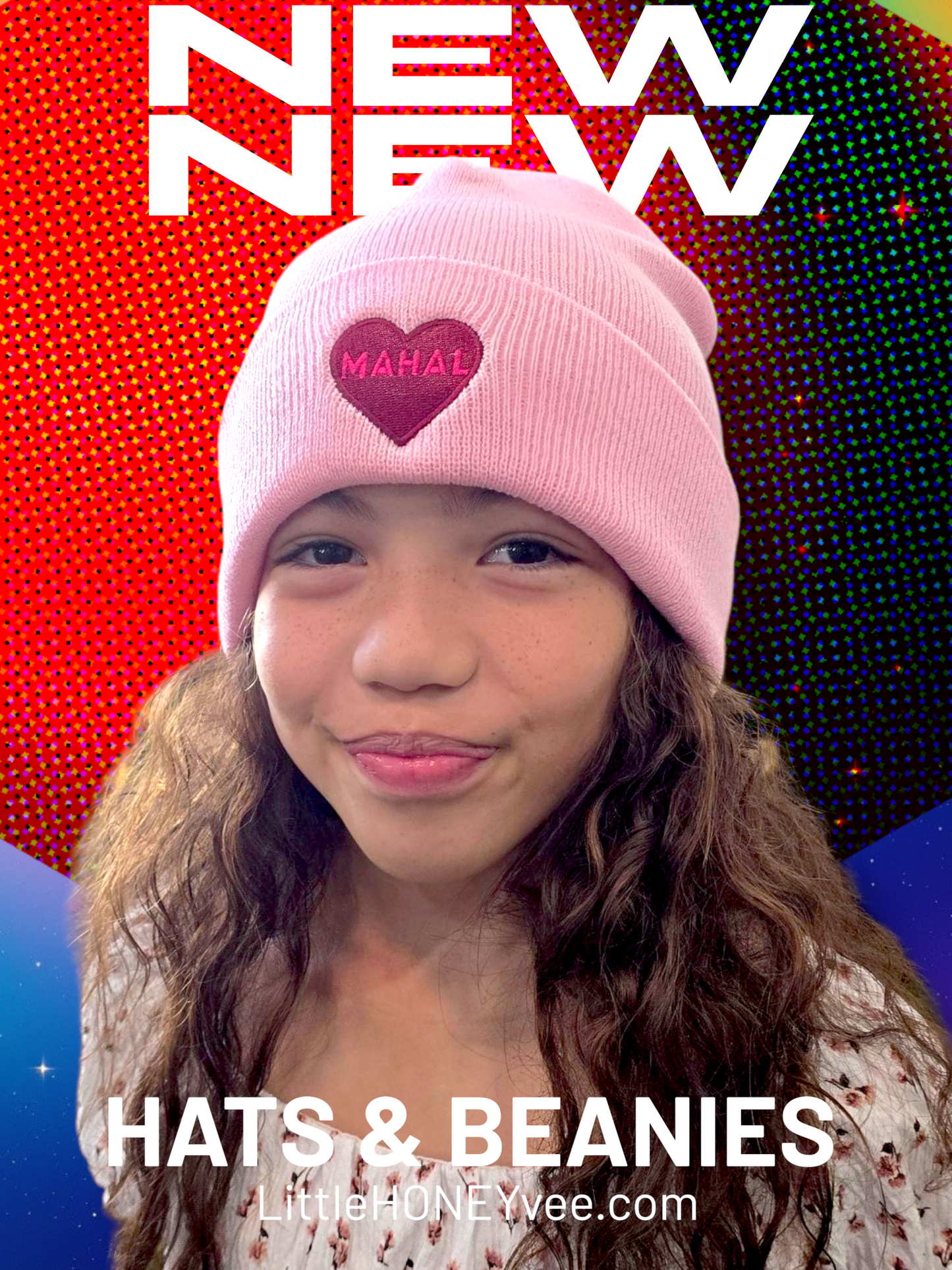 Person wearing a pink beanie with 'MAHAL' heart design against a colorful background with 'NEW' text.