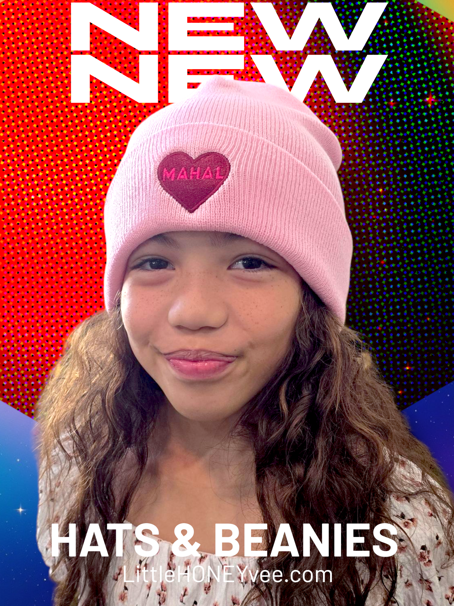 Person wearing a pink beanie with 'MAHAL' heart design against a colorful background with 'NEW' text.